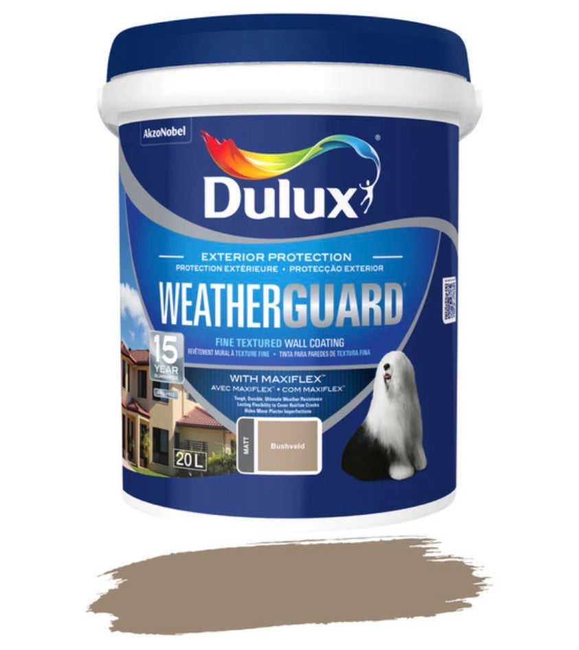 Dulux Weatherguard Fine Textured Paint Bushveld 20 L – Exterior Wall Coating with Maxiflex for Crack Resistance and Weatherproof Protection