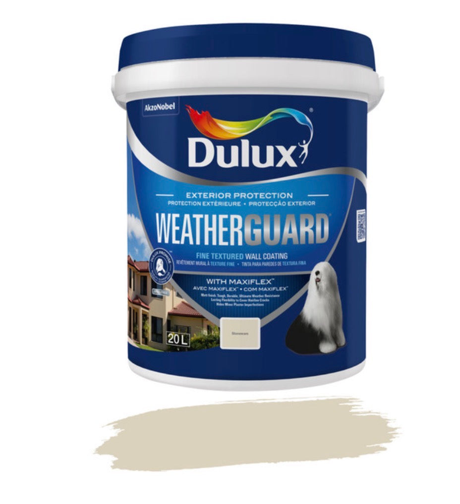 Dulux Weatherguard Fine Textured Paint Stoneware 20 L – Exterior Wall Coating with Maxiflex for Crack Resistance and Weatherproof Protection