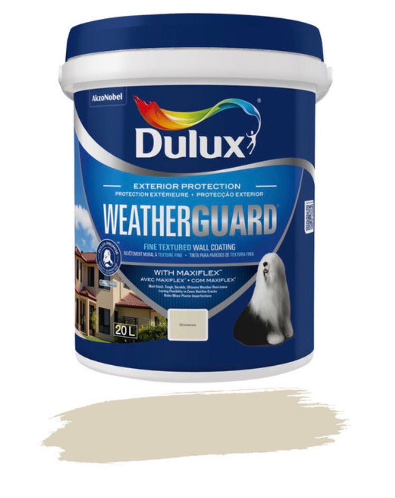 Dulux Weatherguard Fine Textured Paint Stoneware 20 L – Exterior Wall Coating with Maxiflex for Crack Resistance and Weatherproof Protection