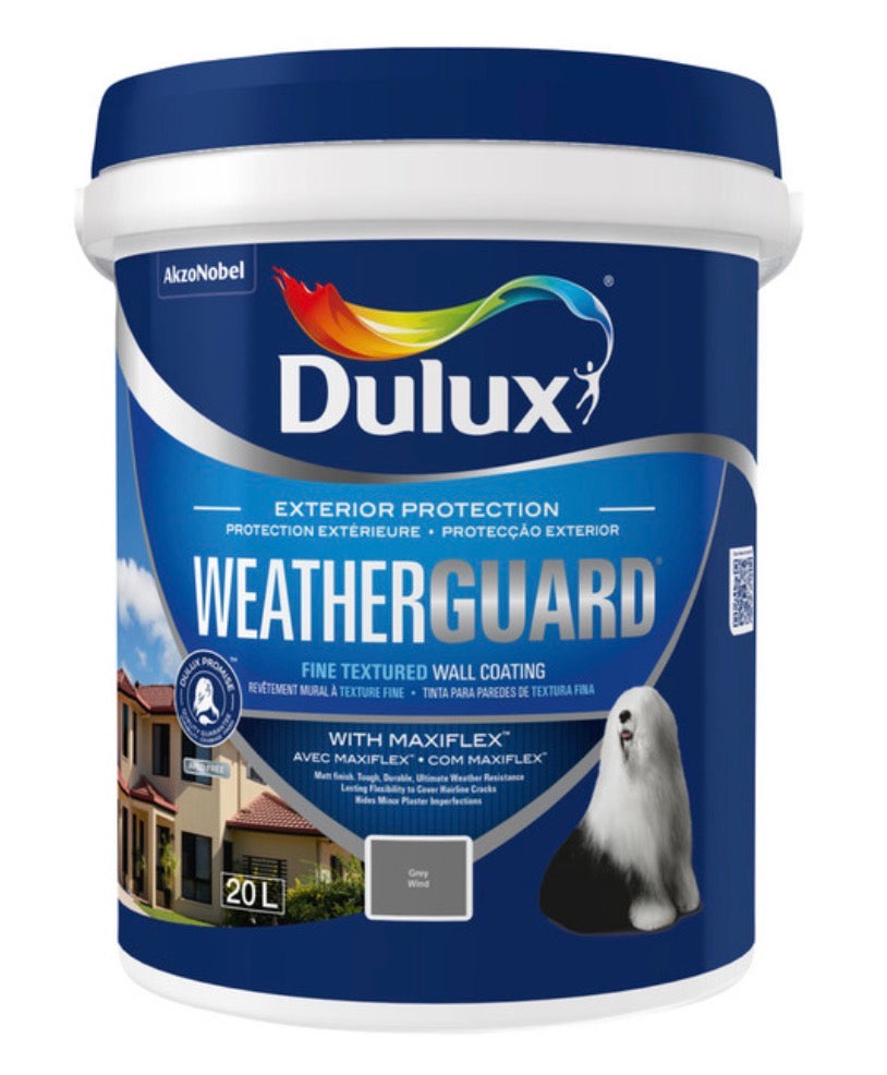Dulux Weatherguard Fine Textured Paint Grey Wind 20 L – Exterior Wall Coating with Maxiflex for Crack Resistance and Weatherproof Protection