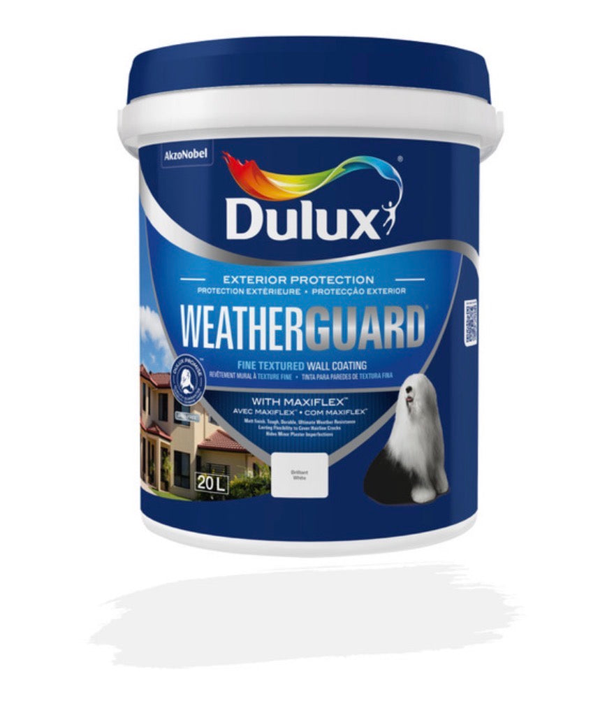 Dulux Weatherguard Fine Textured Paint Brilliant White 20 L – Exterior Wall Coating with Maxiflex for Crack Resistance and Weatherproof Protection